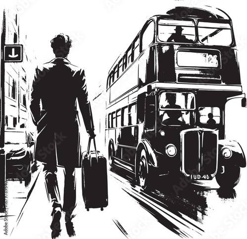 Monochromatic rendering of a traveler boarding a vintage double-