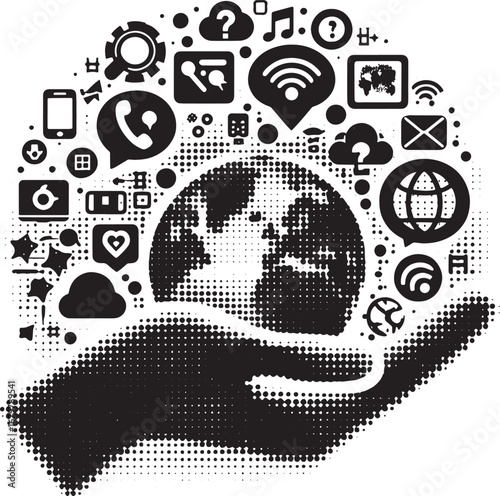 Conceptual illustration of global communication and technology, depicting interconnectedness