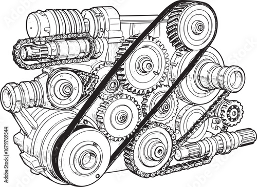 Detailed black and white drawing of an engine transmission syste