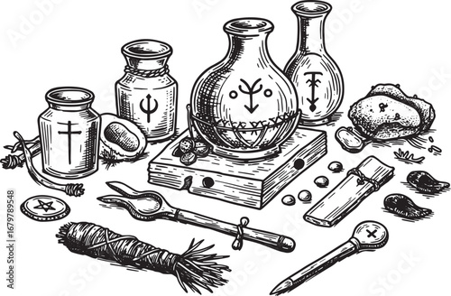 Monochrome Witchcraft Still Life: An Engraving-Style Illustratio