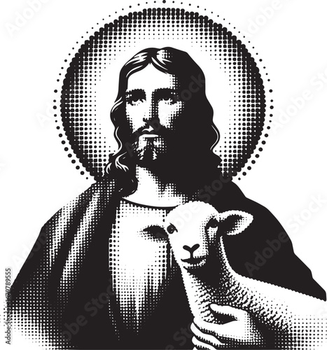 Religious Artwork Depicting Jesus Christ Holding a Lamb in a Symbolic and Spiritual Scene