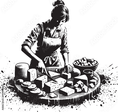 Woman preparing cheese platter in monochrome illustration for culinary and lifestyle concepts
