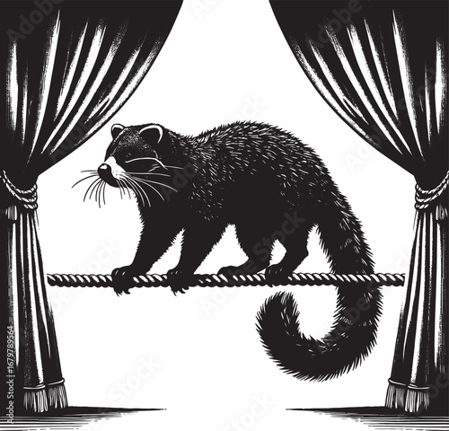 A captivating black and white illustration of a raccoon performing on a tightrope inside a theater