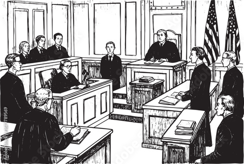 Woodcut style illustration depicting a legal trial scene in a co
