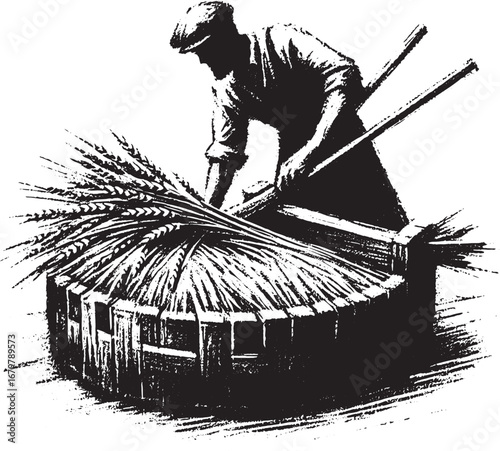 Black and White Illustration of a Farmer Harvesting Wheat Bundles in a Rustic Setting