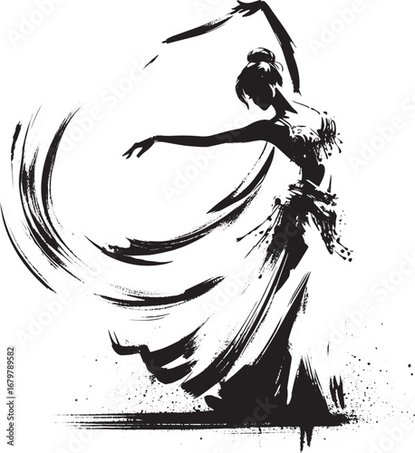 Ethereal dance a sumi-e style illustration of a belly dancer in