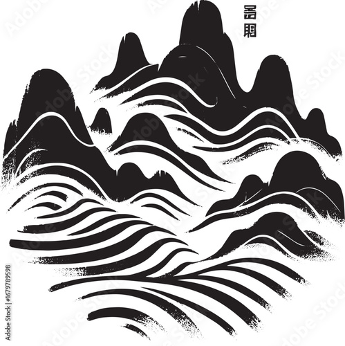 Minimalist Sumi-e Mountain Range with Brush Stroke Topography De