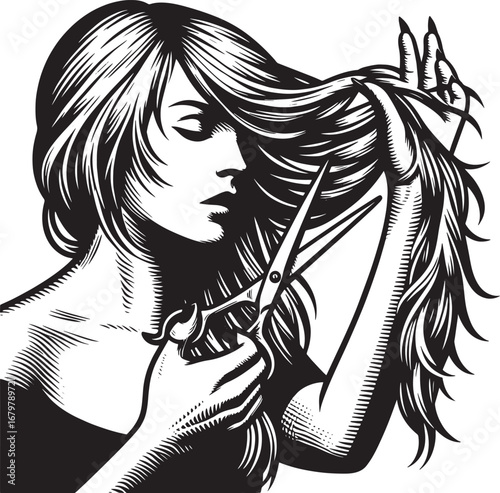 Artistic Black and White Illustration of a Woman Cutting Her Hair with Scissors