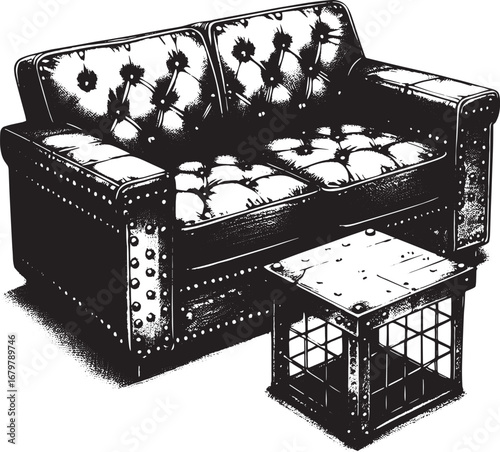 Detailed black and white illustration of a tufted leather sofa and matching side table
