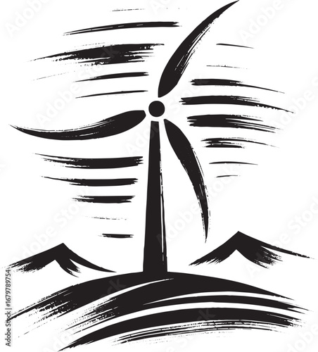 Wind turbine illustration with expressive brushstrokes in a mono