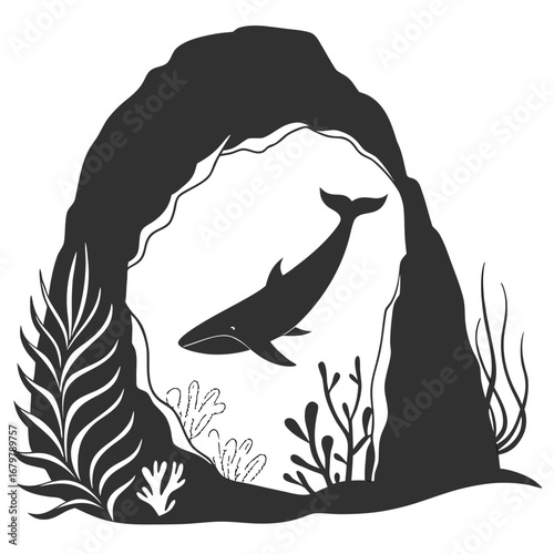 Whale swimming inside glowing cave silhouette