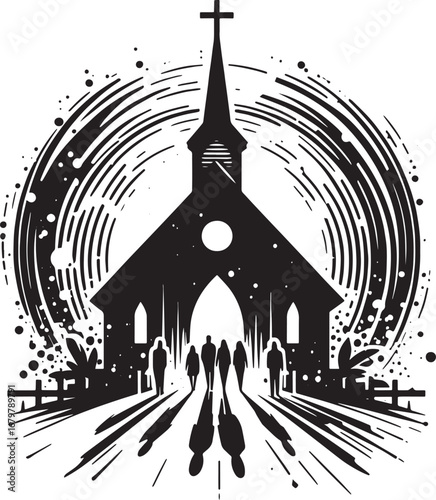 Silhouette of a church with people walking towards the entrance in black and white