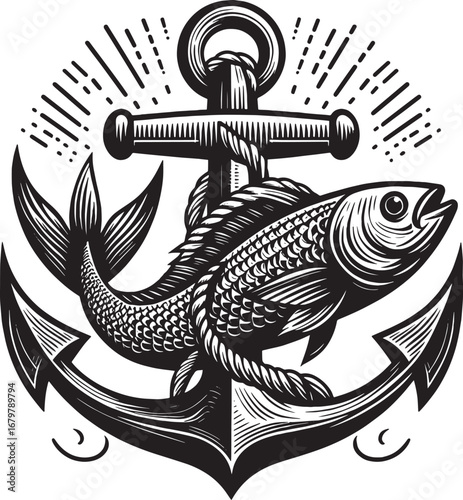 Detailed black and white illustration of an anchor intertwined with a fish nautical theme graphic