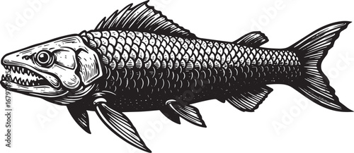 Monochrome illustration of a ferocious prehistoric fish with det
