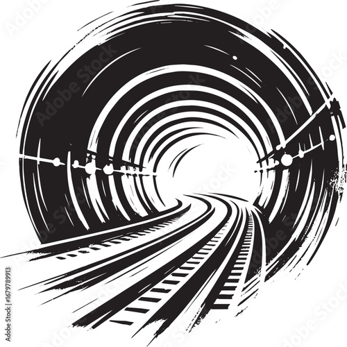 Abstract tunnel entrance with railway tracks, depicted in minima