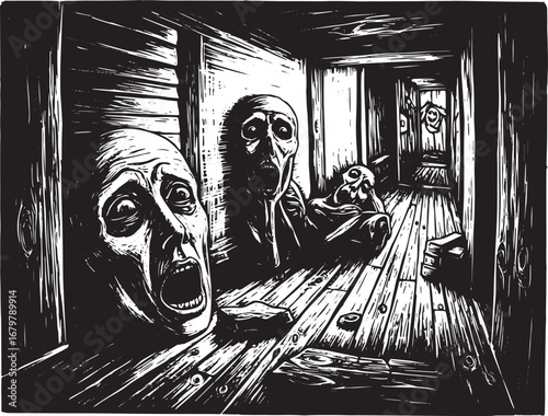 Woodcut illustration showcasing a corridor with distressed ghost