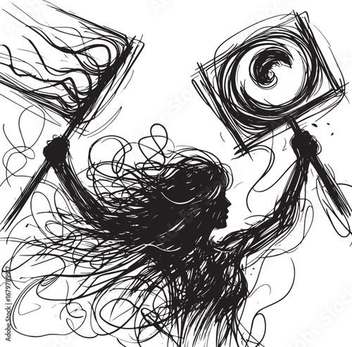 Abstract sketch of a person raising protest signs against a white background design
