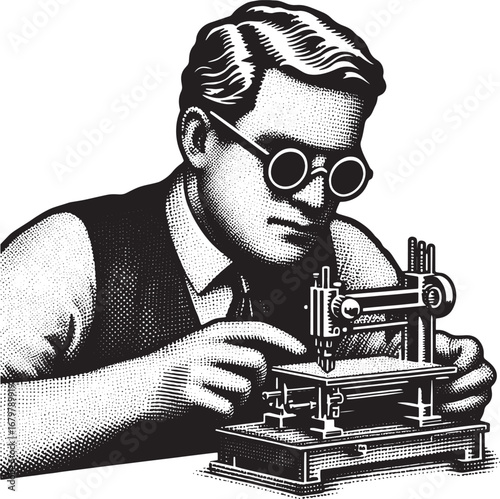 Vintage Illustration of a Man with Glasses Working on a Sewing Machine, Retro Style