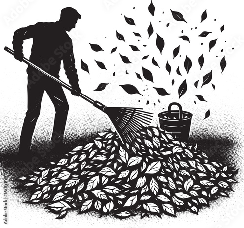 Silhouette of a person raking leaves into a pile with a bucket, autumn season yard work