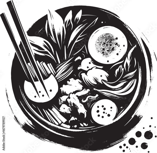 Sumi-e depiction of creamy coconut thai soup, capturing artistic