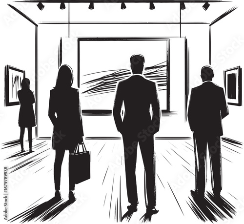 Monochrome gallery visit showcasing art admirers in sumi-e style