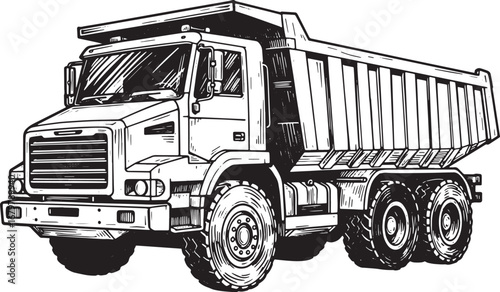 Detailed Woodcut Style Illustration of a Heavy Duty Dump Truck o