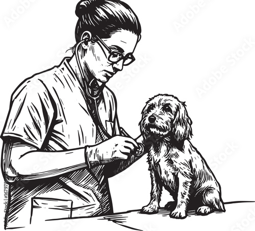 Vintage woodcut illustration of a vet examining a dog with a ste