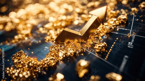 Golden upward trend indicators on a digital display with scattered gold flakes