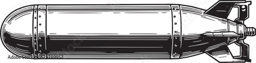 Vintage black and white illustration of a torpedo with woodcut s