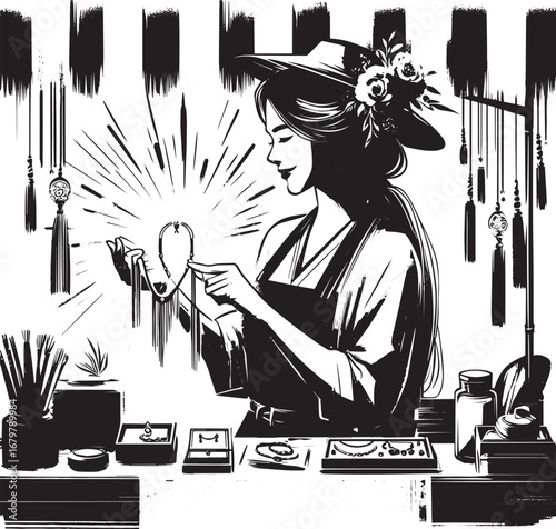 Elegant woman crafting exquisite jewelry with artistry in a mini