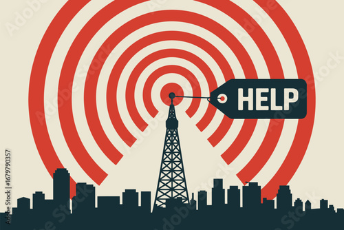 Illustration of a city skyline with a transmission tower and a help tag against red circles
