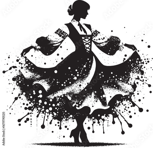 Silhouette of a woman in a traditional dress with ink splash effect for cultural art design