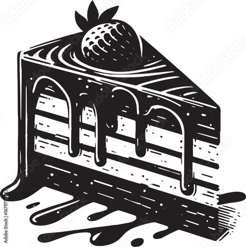 Elegant Chocolate Cake Slice Icon with Sumi-e Brush Stroke Detai