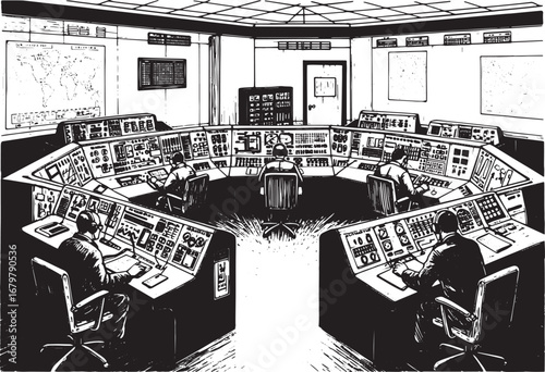 Vintage Control Room Illustration with Operators and Complex Con