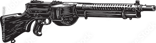 Monochrome woodcut illustration of a vintage machine gun on a st