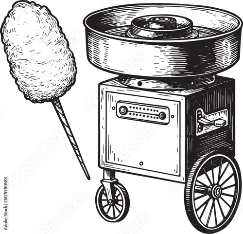 Monochrome illustration of an old-fashioned cotton candy machine
