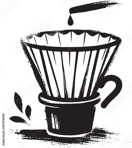 Minimalist Sumi-e Style Coffee Filter Icon, Simple Logo with Bru