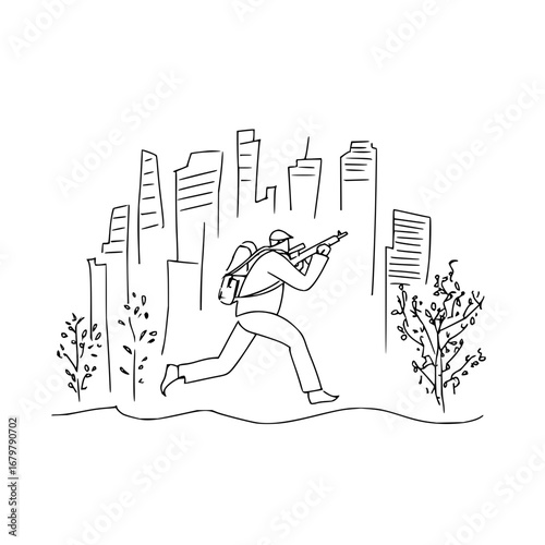 Urban warfare survival running with rifle and backpack in city buildings sketch illustration drawing art