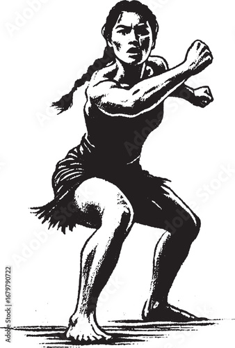 Black and white illustration of a determined woman in a fighting stance, strong and powerful