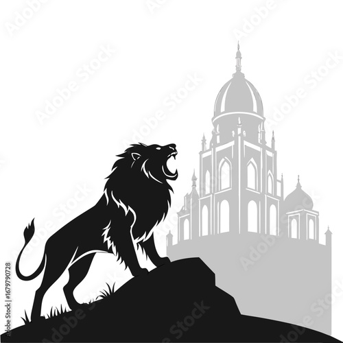 Lion roaring at glowing temple silhouette