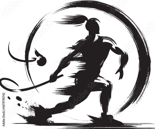 Elegant sumi-e illustration depicting a Dynamic Sportsman in act