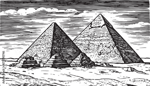 Pyramids of Giza in Vintage Woodcut Style Black and White Illust