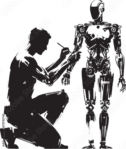 Artistic illustration of a person meticulously assembling a huma