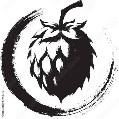 Zen Hop: Sumi-e Style Illustration of a Hop Cone with Circular B