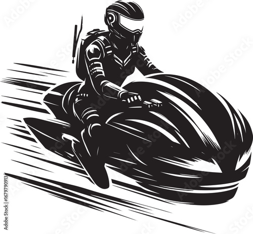 Monochrome futuristic artwork of a woman riding a hoverbike with