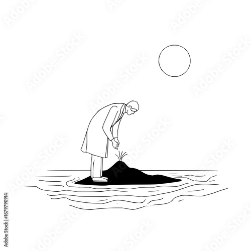 Scientist examining plant growth on island vector illustration environment study and research concept art