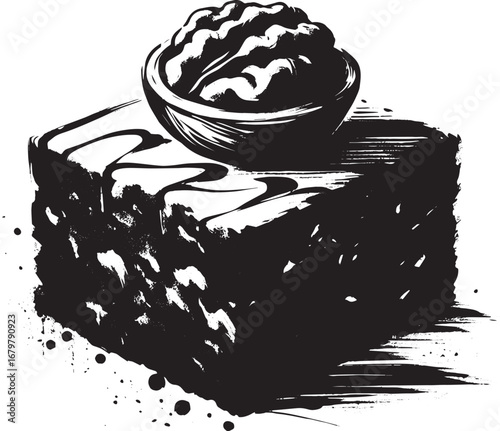 Minimalist Sumi-e Illustration of a Decadent Walnut Brownie Deli