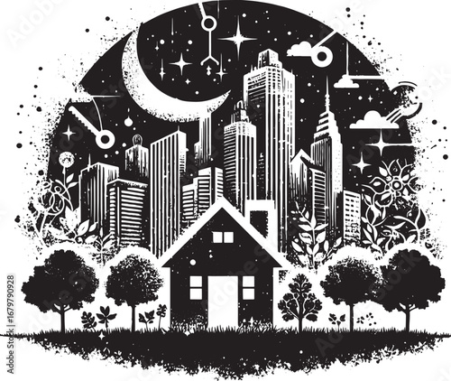 Illustration of a House in Front of a City Skyline with Stars and Moon, Night Scene