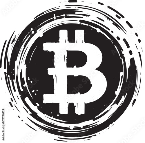 Abstract Bitcoin Symbol in Sumi-e Style with Distressed Circular