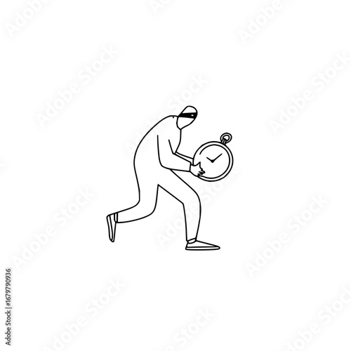 Time theft illustration: thief stealing time, concept of deadline, time management, and urgency illustration